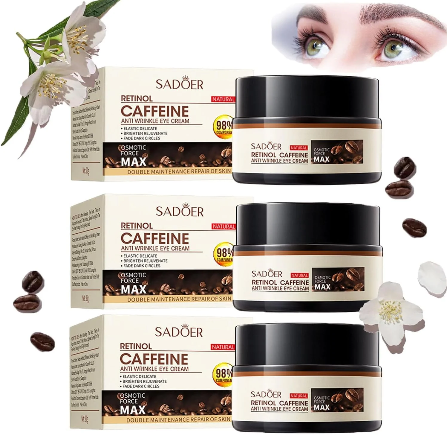 کرم دور چشم سادور 3 عددی، کرم آبرسان رتینول و کافئین سادور، کرم دور چشم کافئین کاهش دهنده چروک، خطوط ریز و پف زیر چشم، آبرسان ناحیه دور چشم