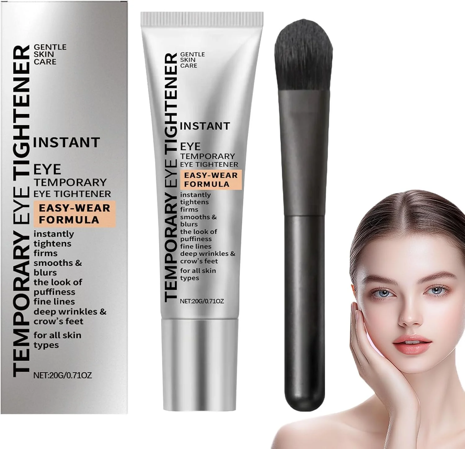 کرم سفت کننده موقت پوست دور چشم به همراه برس، کرم سفت کننده فوری پوست دور چشم، از بین برنده فوری پف زیر چشم، از بین برنده سیاهی دور چشم، کاهش خطوط ریز و چین و چروک، سفت کننده و صاف کننده پف (1 عدد)