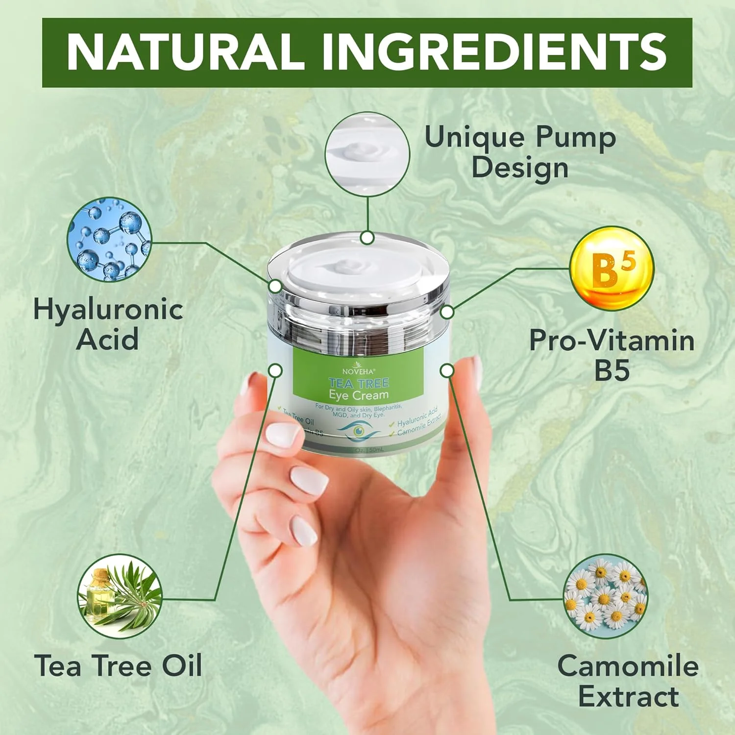 کرم دور چشم حاوی روغن درخت چای نووها - کرم پلک برای پوست خشک و دارای خارش، جای زخم | درمان کرم مرطوب کننده صورت - 50 میلی لیتر