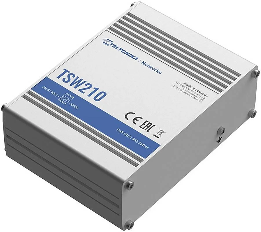 سوئیچ صنعتی غیرمدیریتی Teltonika TSW210، دارای 8 پورت گیگابیتی اترنت، بدنه آلومینیومی مقاوم، سرعت تا 1000 مگابیت بر ثانیه، 2 پورت SFP، ورودی برق DC صنعتی 2 پین، ولتاژ 7-57 ولت، محافظت IP30 | TSW210