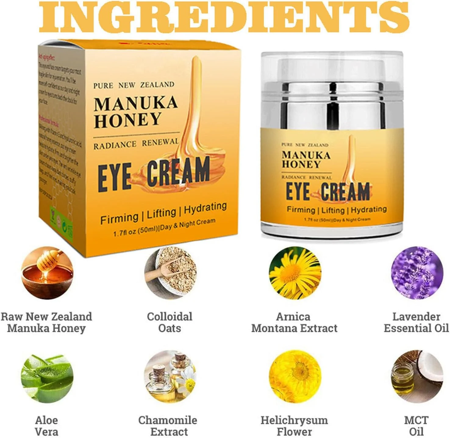 کرم دور چشم عسل مانوکا گروسپ، کرم ضد پیری دور چشم برای رفع تیرگی و پف، کاهش خطوط ریز، لیفت و سفت کننده، کرم ضد چروک زیر چشم 50 میلی لیتر