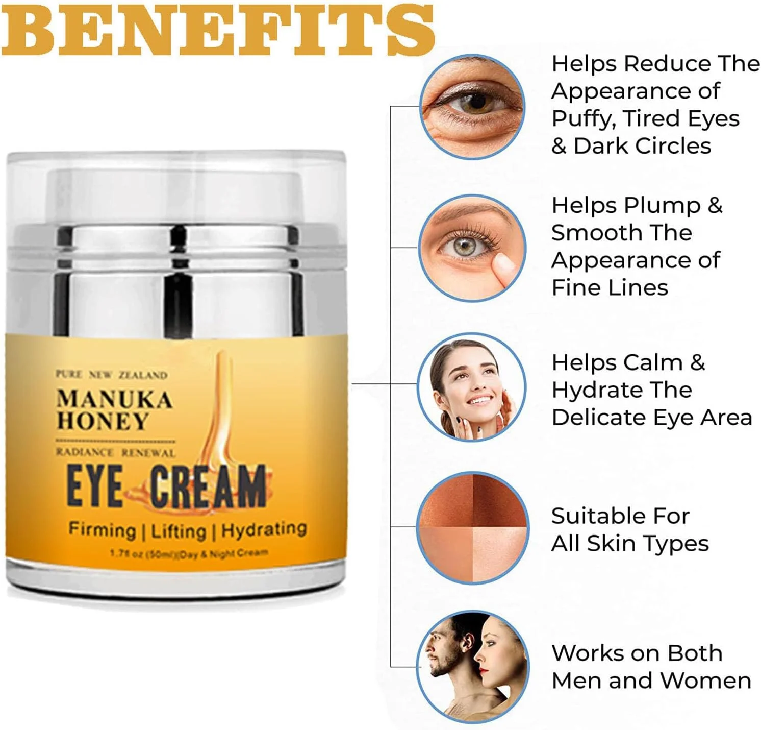 کرم دور چشم عسل مانوکا گروسپ، کرم ضد پیری دور چشم برای رفع تیرگی و پف، کاهش خطوط ریز، لیفت و سفت کننده، کرم ضد چروک زیر چشم 50 میلی لیتر