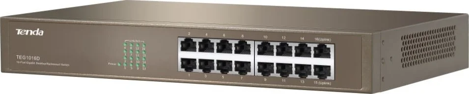 سوئیچ 16 پورت گیگابیتی اترنت تندا، V6.0، مناسب نظارت تصویری و کسب و کارهای کوچک و متوسط، 32 گیگابیت بر ثانیه، 100-240 ولت، مصرف برق کمتر از 12 وات، بدنه فلزی مقاوم | TEG1016D