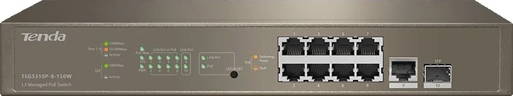 سوئیچ PoE مدیریتی Tenda TEG5310P، دارای 9 پورت PoE + 1 پورت SFP، مسیریابی استاتیک، VLAN، IGMP، QoS، DHCP Snooping، ظرفیت 20 گیگابیت بر ثانیه، توان 130 وات | TEG5310P-8-150W