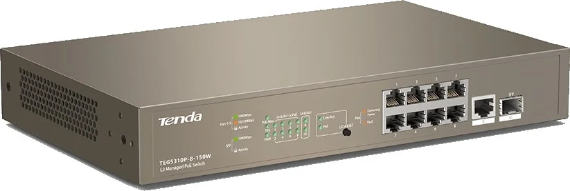 سوئیچ PoE مدیریتی Tenda TEG5310P، دارای 9 پورت PoE + 1 پورت SFP، مسیریابی استاتیک، VLAN، IGMP، QoS، DHCP Snooping، ظرفیت 20 گیگابیت بر ثانیه، توان 130 وات | TEG5310P-8-150W سوئیچ PoE مدیریتی Tenda TEG5310P، دارای 9 پورت PoE + 1 پورت SFP، مسیریابی استاتیک، VLAN، IGMP، QoS، DHCP Snooping، ظرفیت 20 گیگابیت بر ثانیه، توان 130 وات | TEG5310P-8-150W