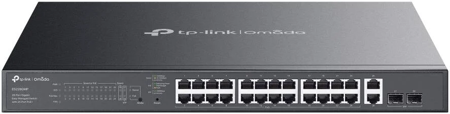 سوییچ مدیریتی آسان 28 پورت گیگابیتی Tp-Link Omada ES228GMP با 24 پورت PoE+، توان خروجی 384W، قابلیت PoE تا 250 متر، جلوگیری خودکار از ایجاد حلقه، بدنه فلزی بادوام | ES228GMP
