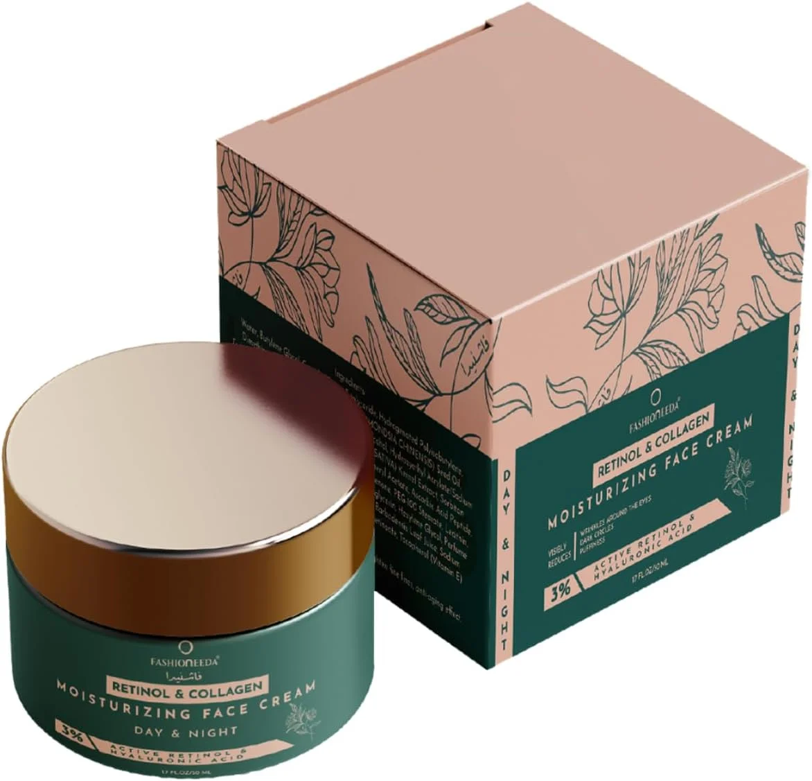 کرم مرطوب کننده صورت حاوی رتینول، کرم ضد چروک صورت و سفت کننده پوست دور چشم، حاوی ویتامین ای، اسید هیالورونیک، آلوئه ورا و چای سبز (۵۰ میلی لیتر)