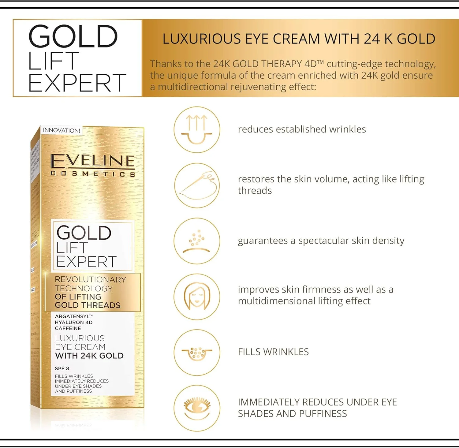 کرم دور چشم گلد لیفت اکسپرت اولاین با طلای 24 عیار SPF 8 | حاوی آرگاتنسیل، هیالورون 4D و کافئین | 15 میلی لیتر