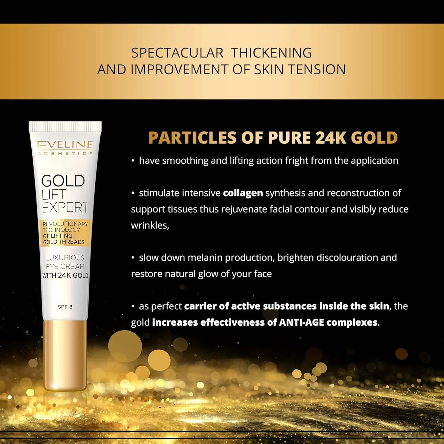 کرم دور چشم گلد لیفت اکسپرت اولاین با طلای 24 عیار SPF 8 | حاوی آرگاتنسیل، هیالورون 4D و کافئین | 15 میلی لیتر