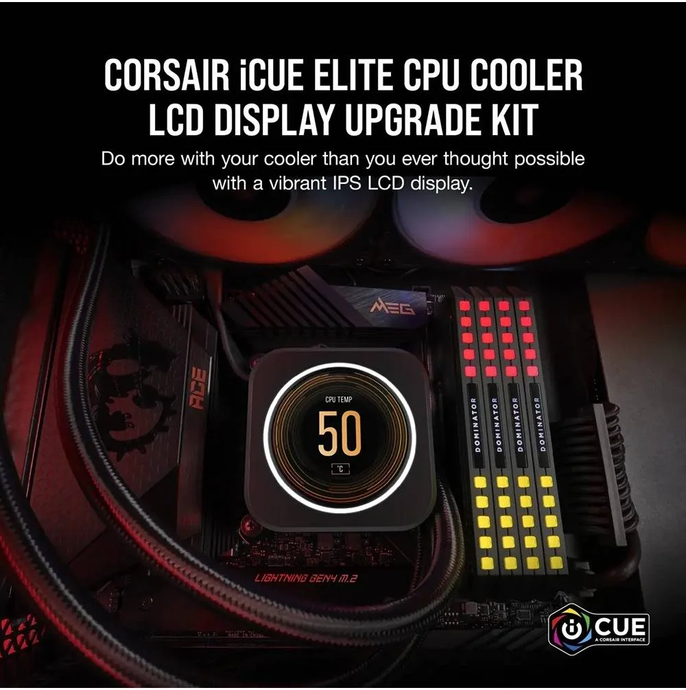 کیت ارتقاء نمایشگر LCD خنک کننده پردازنده CORSAIR iCUE Elite، اندازه صفحه نمایش 2.1 اینچ، 30 هرتز 16.7 میلیون رنگ نمایشگر، نرخ تازه سازی 30 هرتز، حداکثر رزولوشن 480x480، حلقه LED RGB 24، مشکی | CW-9060056-WW
