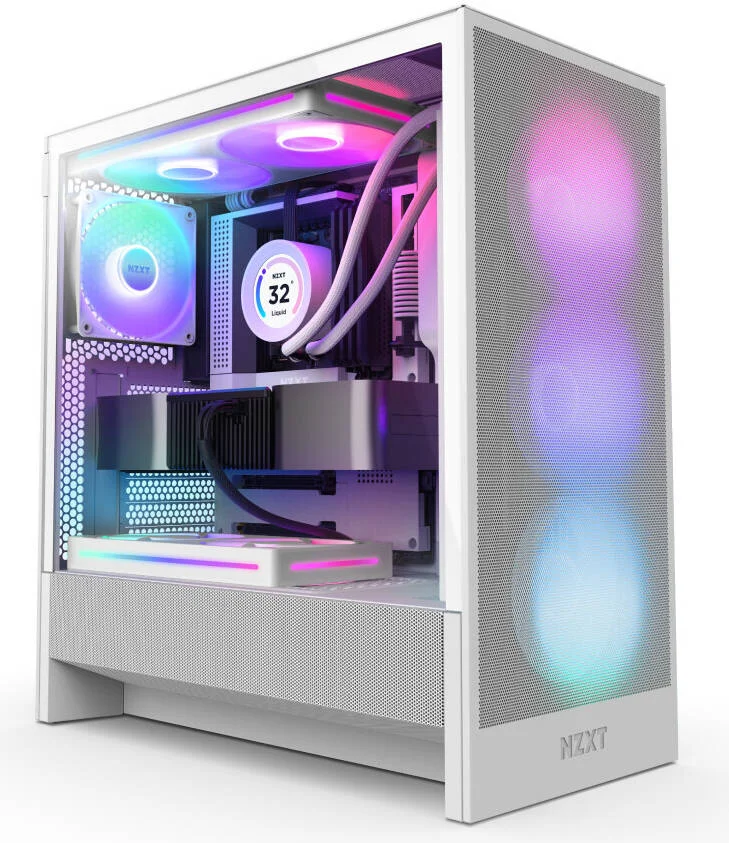کیس مید تاور ATX جمع و جور NZXT H5 Flow RGB نسخه 2024 با جریان هوای عالی، 1 عدد فن F360 RGB Core و 1 عدد فن F120Q از پیش نصب شده، بدنه فولاد SGCC و شیشه حرارت دیده با رنگ تیره، سفید | CC-H52FW-R1