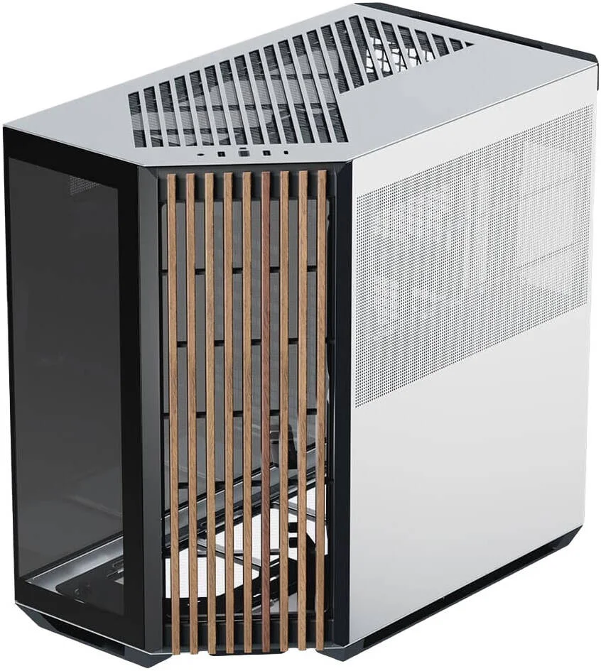 کیس کامپیوتر APNX V1 V1-W-BW-v1 ATX Mid Tower Glass Edition، پشتیبانی از رادیاتور تا 360 میلی‌متر، دارای 10 اسلات فن، بدنه SGCC، پنل جلویی چوبی، ضخامت فولاد 0.8 میلی‌متر، چوب سیاه و سفید | APCM-VI01103.M1