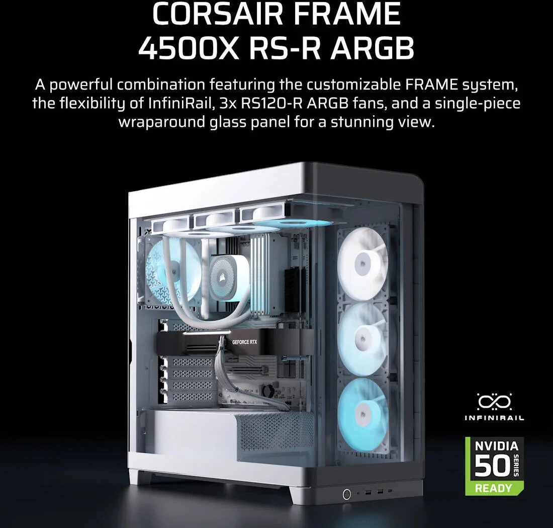 کیس کامپیوتر مید تاور شیشه پانوراما Corsair FRAME 4500X RS-R ARGB، دارای 3 فن از پیش نصب شده RS-R aRGB، پشتیبانی از رادیاتور تا 360 میلیمتر و 10 فن 120 میلیمتری، فیلتراسیون گرد و غبار، سفید | CC-9011315-WW کیس کامپیوتر مید تاور شیشه پانوراما Corsair FRAME 4500X RS-R ARGB، دارای 3 فن از پیش نصب شده RS-R aRGB، پشتیبانی از رادیاتور تا 360 میلیمتر و 10 فن 120 میلیمتری، فیلتراسیون گرد و غبار، سفید | CC-9011315-WW