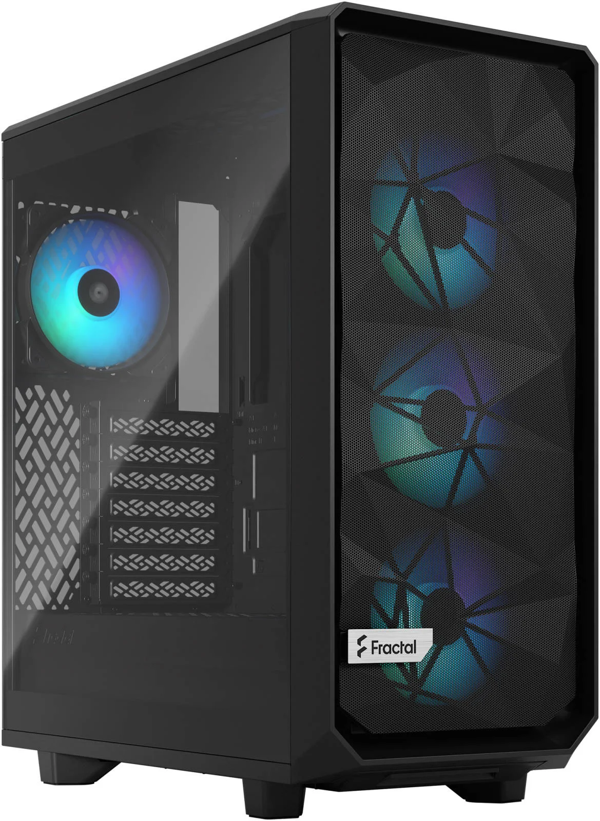 کیس کامپیوتر مید تاور Fractal Design Meshify 2 Compact Lite RGB ATX، طراحی مشبک زاویه دار، پنل کناری شیشه ای با رنگ روشن، پشتیبانی از رادیاتور تا 360 میلی متر و 7 فن 120 میلی متری، USB Type-C، مشکی | FD-C-MEL2C-05