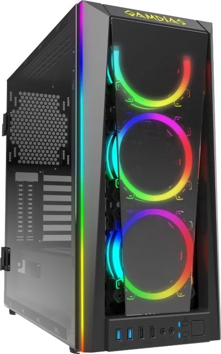 کیس گیمینگ شیشه حرارت دیده Gamdias TALOS M1B، دارای سه فن ARGB دو حلقه ای 120 میلی متری داخلی، پنل شیشه ای حرارت دیده با طراحی درب لولایی، نمای رادیاتور عمودی | TALOS-M1B