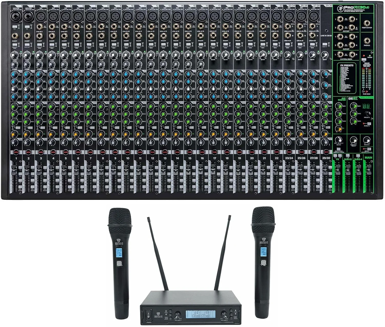 مجموعه Audiosavings: (1) میکسر حرفه ای 30 کاناله 4-باس Mackie ProFX30v3 با افکت های USB ProFX30 v3 به همراه (1) سیستم میکروفون بی سیم دوگانه دستی فلزی UHF Rockville RWM65U (2 قلم)