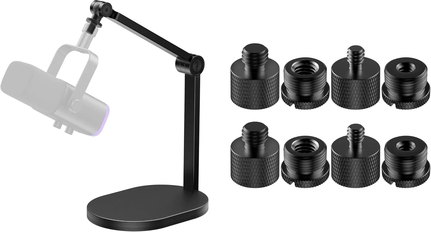 پایه میکروفون استودیویی InnoGear با حداکثر تحمل وزن 1.2 کیلوگرم و 8 عدد آداپتور پایه میکروفون، تبدیل مادگی 5/8 به نری 3/8، مادگی 3/8 به نری 5/8، مادگی 5/8 به نری 1/4، مادگی 1/4 به نری 5/8، آداپتور رزوه پیچی برای میکروفون