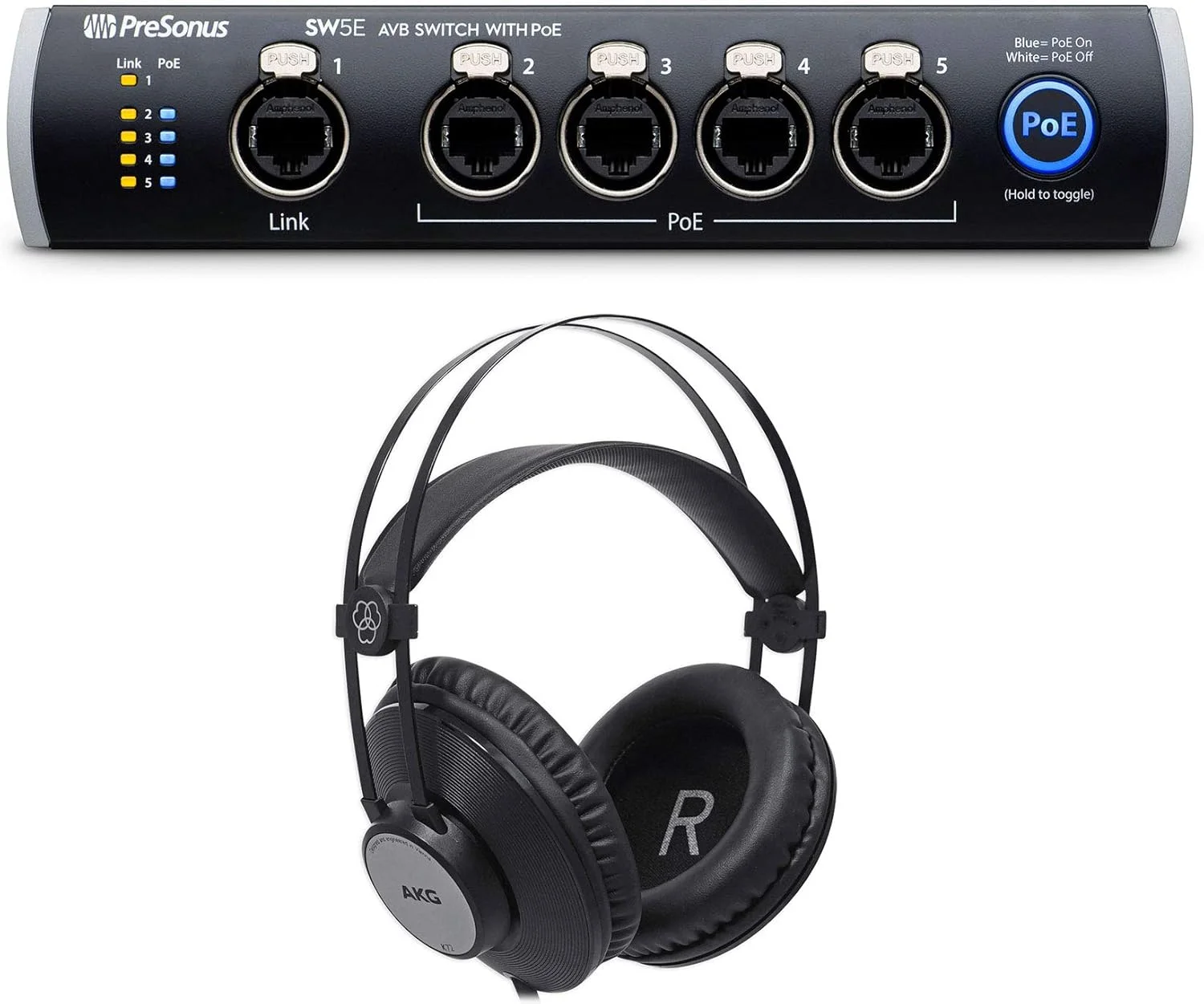 سوییچ 5 پورت AVB مدل PRESONUS SW5E با PoE، قابل نصب در رک، شاسی فلزی مقاوم به همراه هدفون استودیویی پشت بسته AKG K72 با درایورهای 40 میلی متری