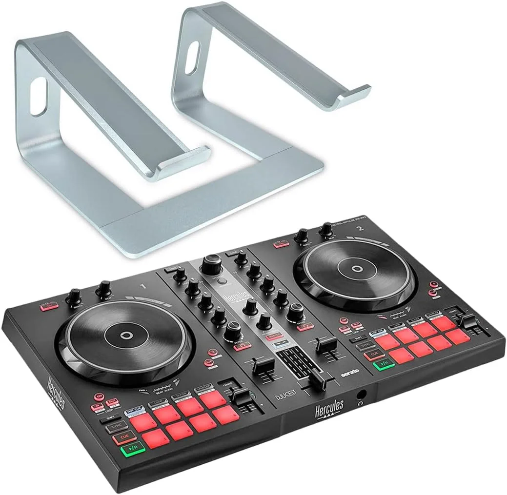 کنترلر دی‌جی هرکولس DJControl Inpulse 300 MK2 با دو دک + استند لپ‌تاپ کیپ‌درام نقره‌ای