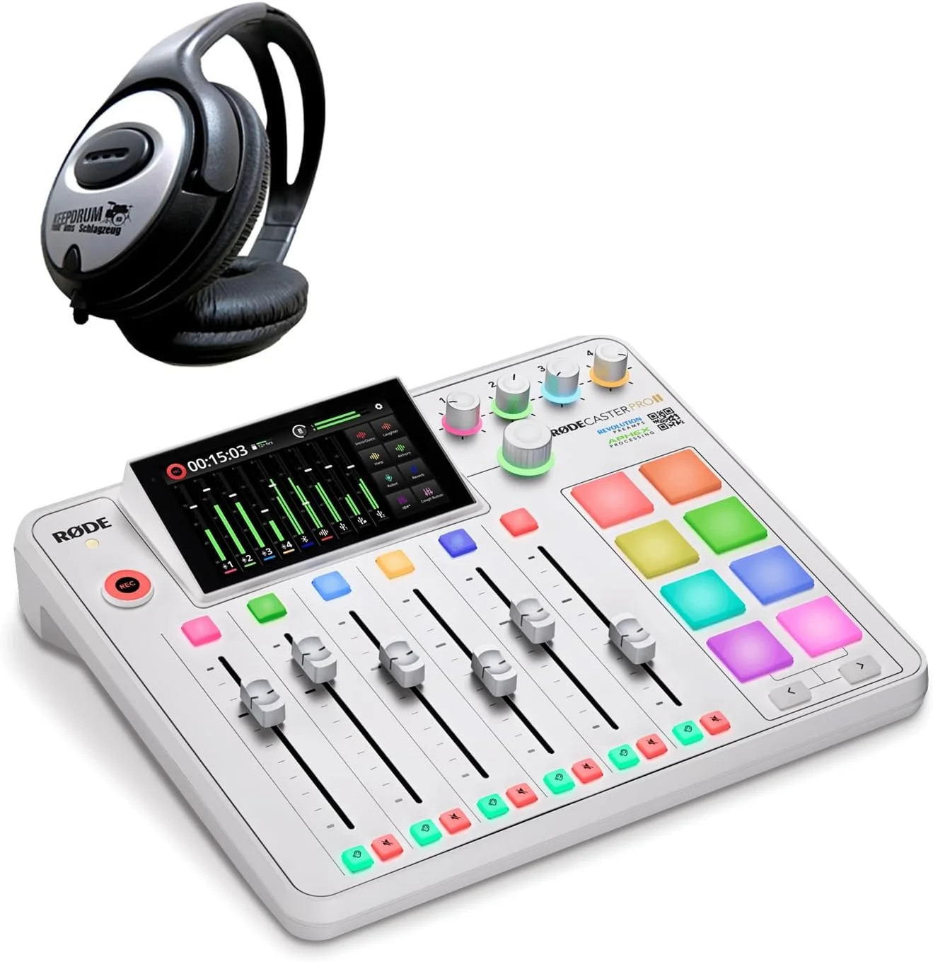 ایستگاه تولید صوتی Rode Rodecaster Pro II پادکست سفید با هدفون keepdrum