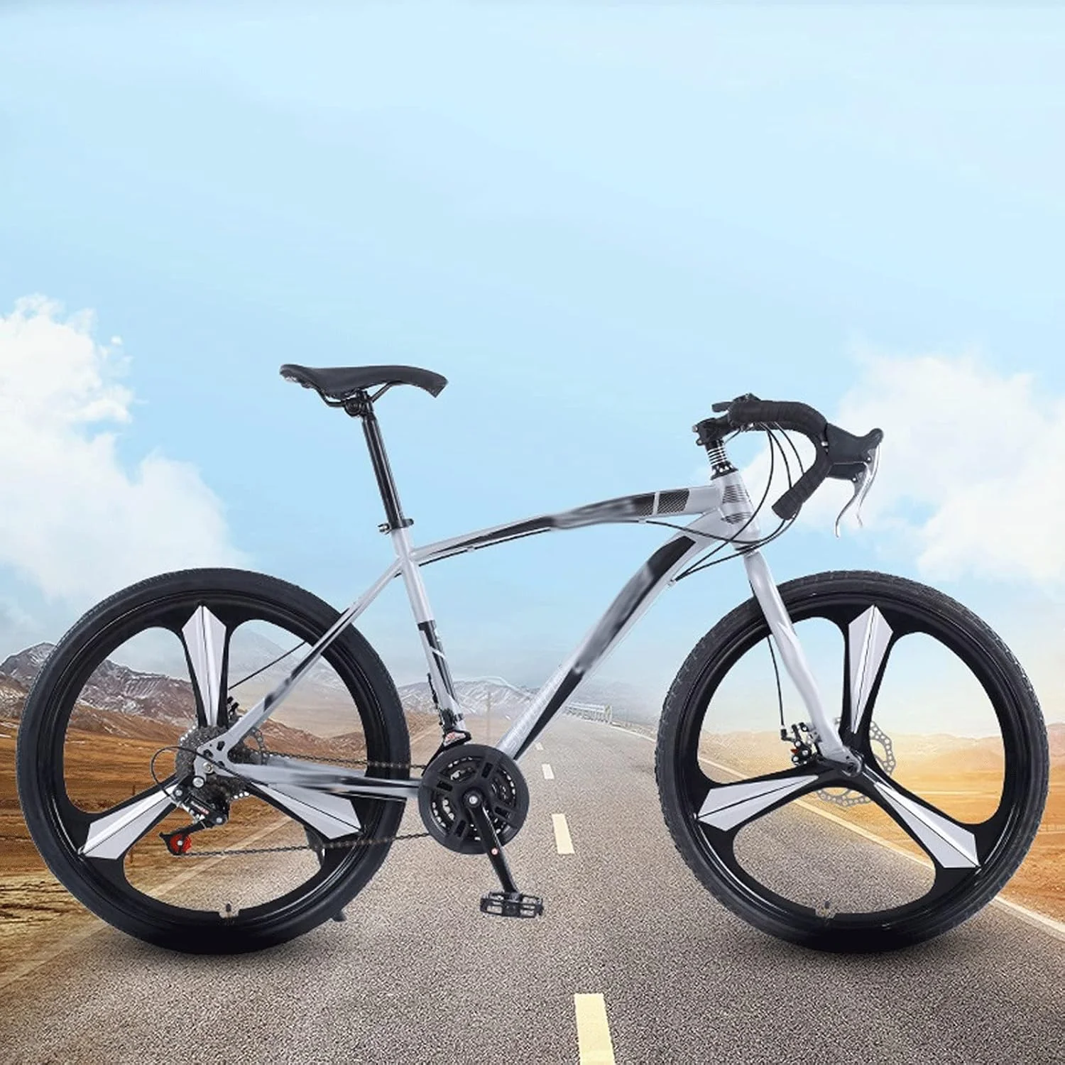 دوچرخه کورسی آلیاژ آلومینیوم 26 اینچی 24 و 27 سرعته با ترمز دیسکی دوگانه، فوق سبک مسابقه ای (خاکستری، 24)