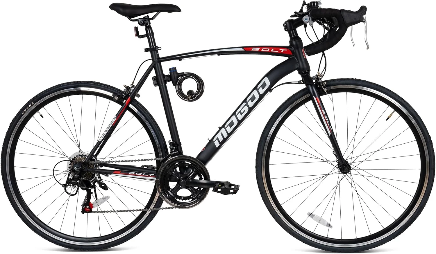 دوچرخه کورسی Mogoo Bolt 700C، سیستم دنده 14 سرعته Shimano، فریم فولادی سبک، دوچرخه مسابقه ای بزرگسالان، لاستیک Kenda، ترمزهای کالیبری، مناسب آقایان و بانوان
