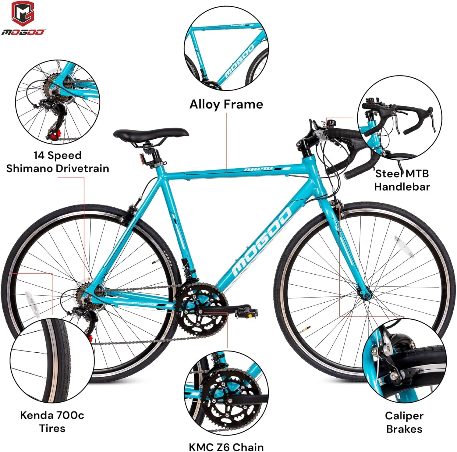 دوچرخه کورسی 700C Mogoo Rapid، دارای سیستم دنده 14 سرعته Shimano، فریم آلیاژ آلومینیوم سبک وزن، تایر Kenda، ترمزهای کالیپری، دوچرخه سواری برای مردان و زنان، دوچرخه بزرگسال