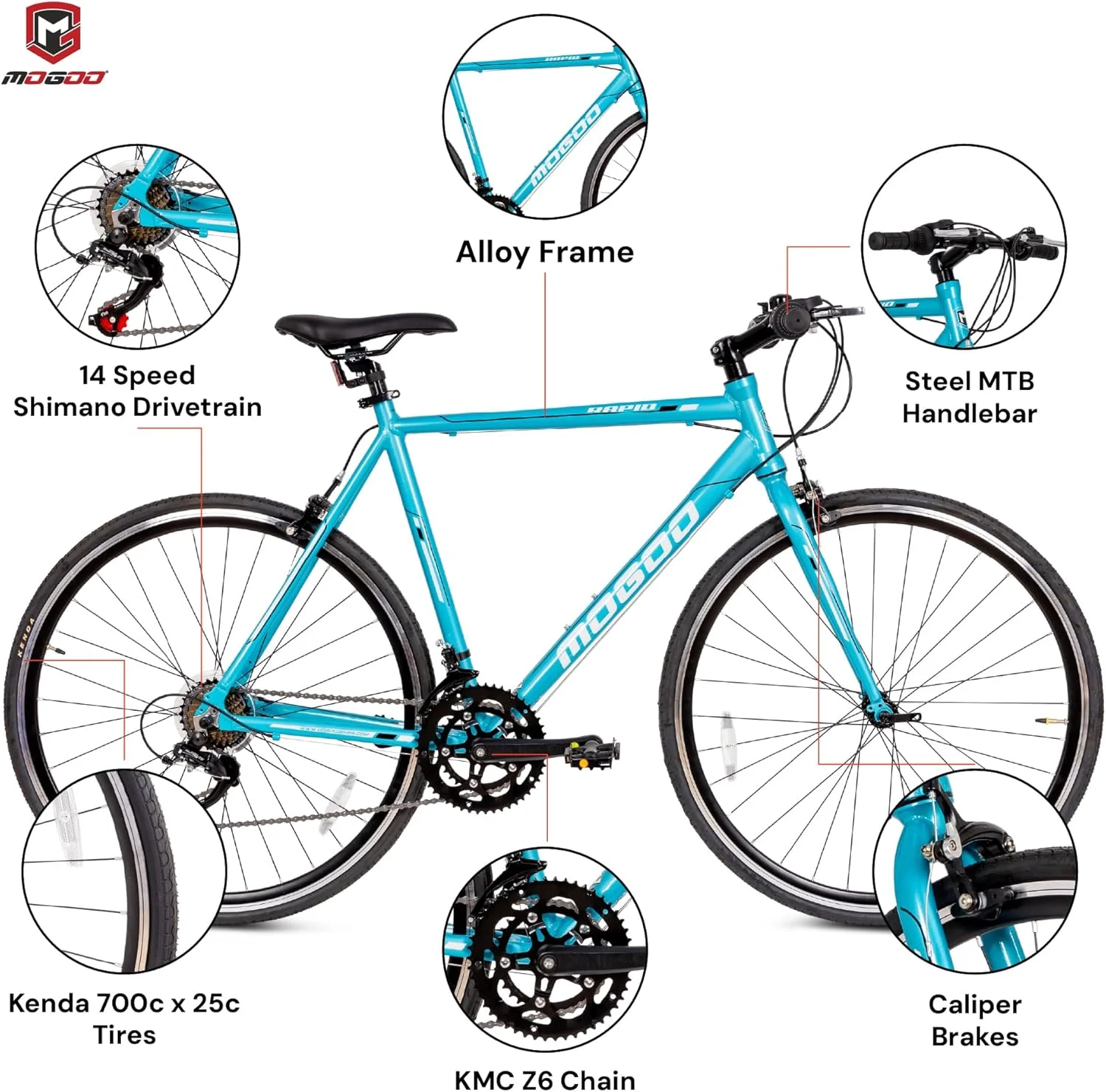دوچرخه هیبریدی کورسی MOGOO Rapid 700C، سیستم دنده 14 سرعته Shimano، فریم آلیاژ آلومینیوم سبک وزن، دوچرخه مسابقه ای بزرگسالان، لاستیک Kenda، ترمزهای کالیپری، دوچرخه سواری برای مردان و زنان، دوچرخه بزرگسال