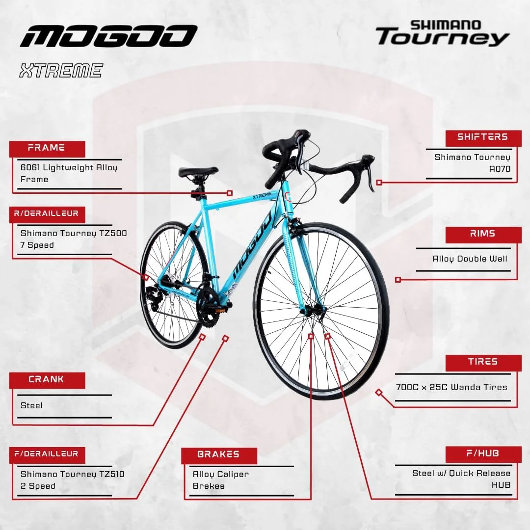دوچرخه کورسی MOGOO Xtreme 700C، دارای 14 دنده Shimano، فریم آلیاژ آلومینیوم سبک وزن، دوچرخه مسابقه ای بزرگسالان، لاستیک Wanda، ترمزهای کالیپر، مناسب برای آقایان و بانوان