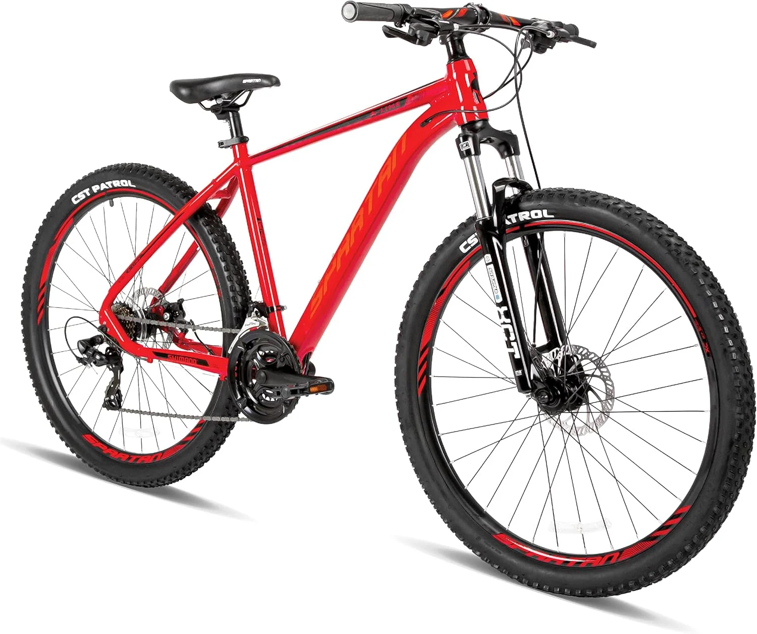 دوچرخه کوهستانی اسپارتان مدل A-Line با فریم آلیاژی سبک 27.5 اینچی | دنده | ترمز دیسکی | دوچرخه با سیستم تعلیق جلو | شانژمان شیمانو - قرمز - مشکی ساتن