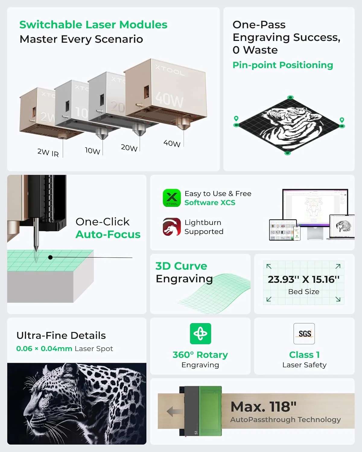 دستگاه حکاکی و برش لیزری xTool S1 با کمک هوا و لانه زنبوری، اندازه بستر 23.93" x 15.16"، مناسب برای مبتدیان، دستگاه حکاکی لیزری ایمن کلاس 1 برای چوب، فلز و اکریلیک - بسته پایه