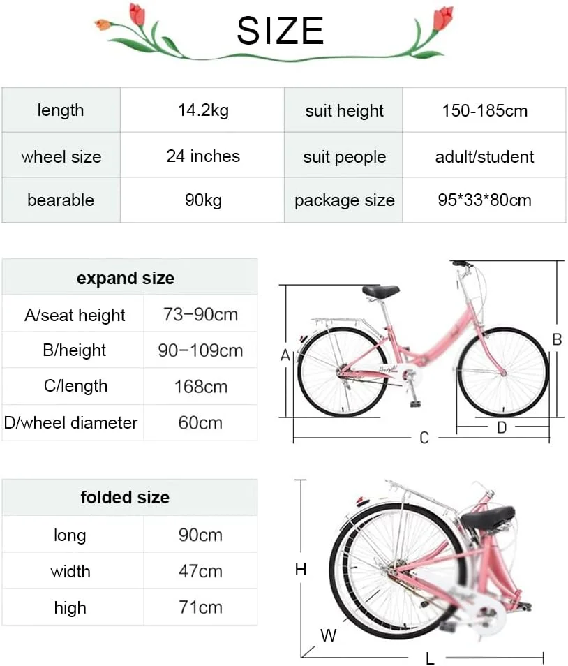 دوچرخه هیبریدی تاشو سبک وزن، دوچرخه زنجیری پدالی زنانه برای کار، 24 اینچ، مناسب برای افراد 150-185 سانتی متر دوچرخه هیبریدی تاشو سبک وزن، دوچرخه زنجیری پدالی زنانه برای کار، 24 اینچ، مناسب برای افراد 150-185 سانتی متر