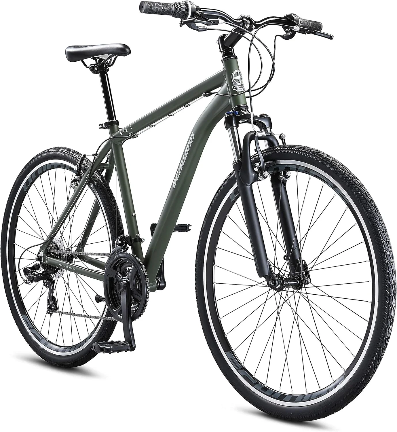 دوچرخه هیبریدی بزرگسالان Schwinn GTX 1.0، دوچرخه دو منظوره، فریم آلومینیومی 20 اینچی، شیفترهای ماشه ای 21 سرعته، سبز
