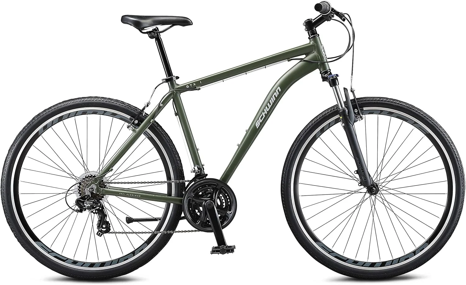 دوچرخه هیبریدی بزرگسالان Schwinn GTX 1.0، دوچرخه دو منظوره، فریم آلومینیومی 20 اینچی، شیفترهای ماشه ای 21 سرعته، سبز دوچرخه هیبریدی بزرگسالان Schwinn GTX 1.0، دوچرخه دو منظوره، فریم آلومینیومی 20 اینچی، شیفترهای ماشه ای 21 سرعته، سبز