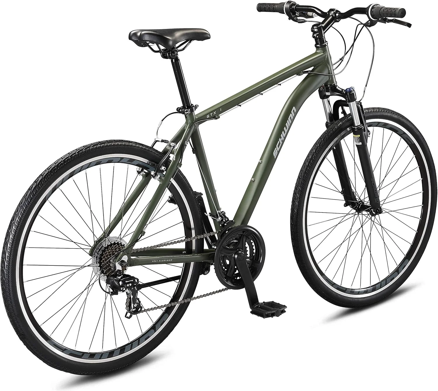 دوچرخه هیبریدی بزرگسالان Schwinn GTX 1.0، دوچرخه دو منظوره، فریم آلومینیومی 20 اینچی، شیفترهای ماشه ای 21 سرعته، سبز دوچرخه هیبریدی بزرگسالان Schwinn GTX 1.0، دوچرخه دو منظوره، فریم آلومینیومی 20 اینچی، شیفترهای ماشه ای 21 سرعته، سبز