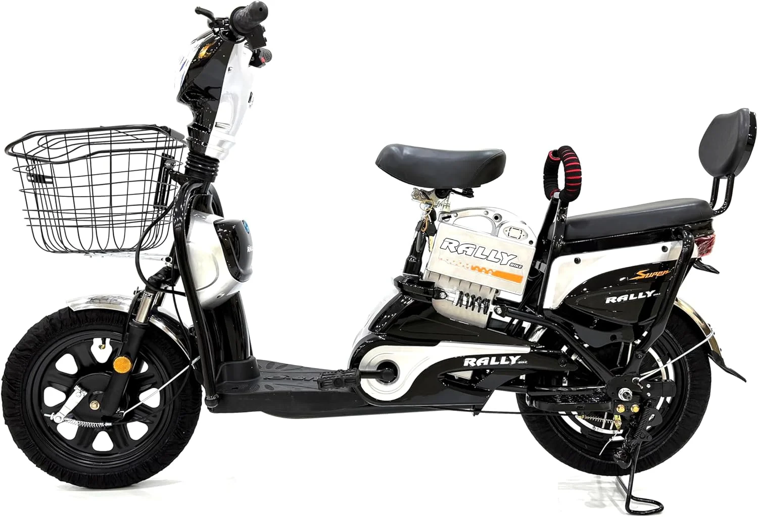 دوچرخه تحویل رالی، لاستیک 16 اینچی، باتری 48 ولت 12 آمپر ساعت، موتور 350 وات، 3 دنده، 4 کمک فنر، حداکثر سرعت 55 کیلومتر در ساعت، حداکثر برد 35 کیلومتر