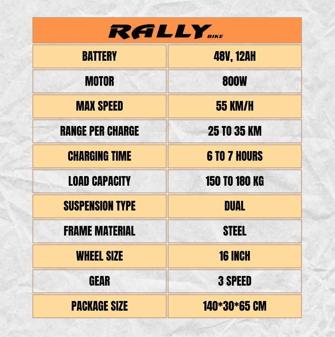 دوچرخه تحویل رالی، لاستیک 16 اینچی، باتری 48 ولت 12 آمپر ساعت، موتور 350 وات، 3 دنده، 4 کمک فنر، حداکثر سرعت 55 کیلومتر در ساعت، حداکثر برد 35 کیلومتر