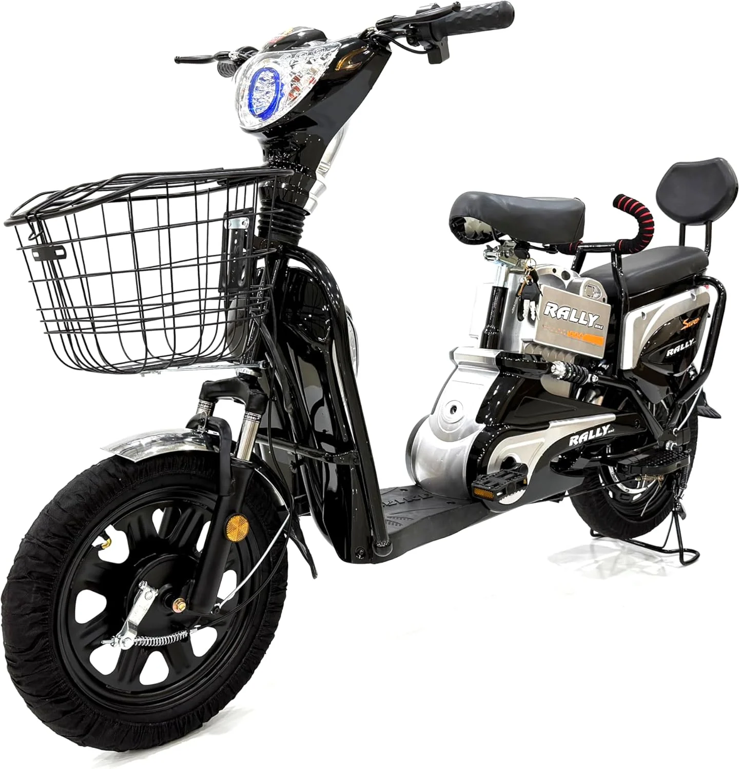 دوچرخه تحویل رالی، لاستیک 16 اینچی، باتری 48 ولت 12 آمپر ساعت، موتور 350 وات، 3 دنده، 4 کمک فنر، حداکثر سرعت 55 کیلومتر در ساعت، حداکثر برد 35 کیلومتر