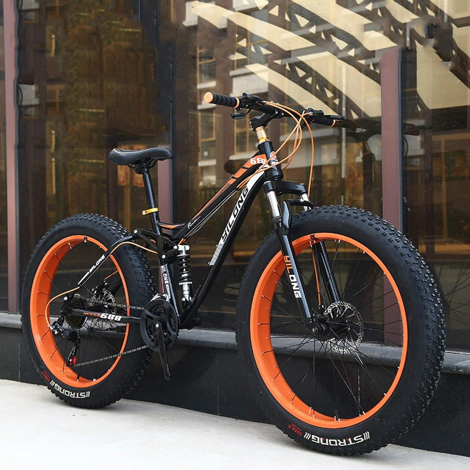 دوچرخه کوهستان تایر پهن مردانه، چرخ‌های 26 اینچی با 7/21/24/27 دنده، دوچرخه ضد لغزش شن و ماسه، ترمز دیسکی دوبل با سیستم تعلیق کامل، دوچرخه برفی برای ورزش در فضای باز، رفت و آمد، مسافرت و تمرین