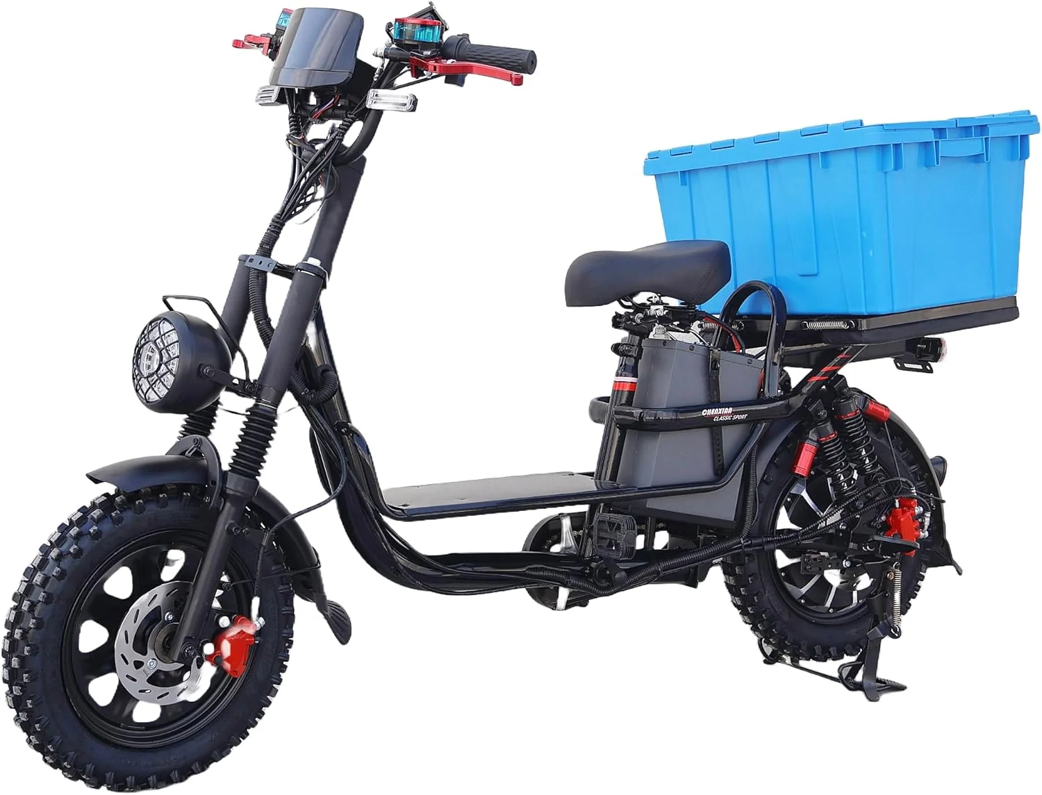 دوچرخه باربری برقی، سرعت 55 کیلومتر در ساعت، باتری 48 ولت 32 آمپر ساعت، ترمزهای دیسکی هیدرولیک دوگانه، ظرفیت بار 150 کیلوگرم، چراغ جلو LED، ضد آب، لاستیک 16 اینچی