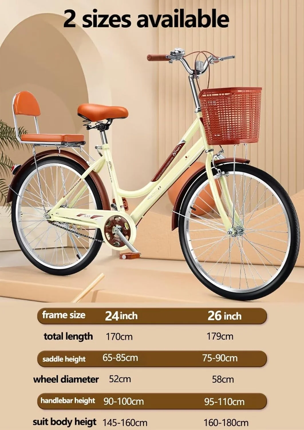 دوچرخه شهری کلاسیک، دوچرخه رفت و آمد 24 اینچی برای مردان و زنان، دوچرخه حرکتی بزرگسالان، فریم با پله کوتاه، ترمز دوگانه، دوچرخه پشت سر هم، صندلی اسفنجی عقب با پشتی