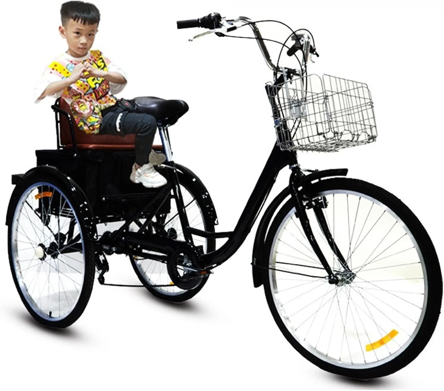 سه چرخه بزرگسال 24 اینچی 7 سرعته، دوچرخه 3 چرخ با صندلی راحت به همراه صندلی پشتی و سبد بار، دوچرخه تاندم والدین و کودک برای ورزش/خرید/سوارکاران/پیک نیک، حداکثر بار 130 کیلوگرم