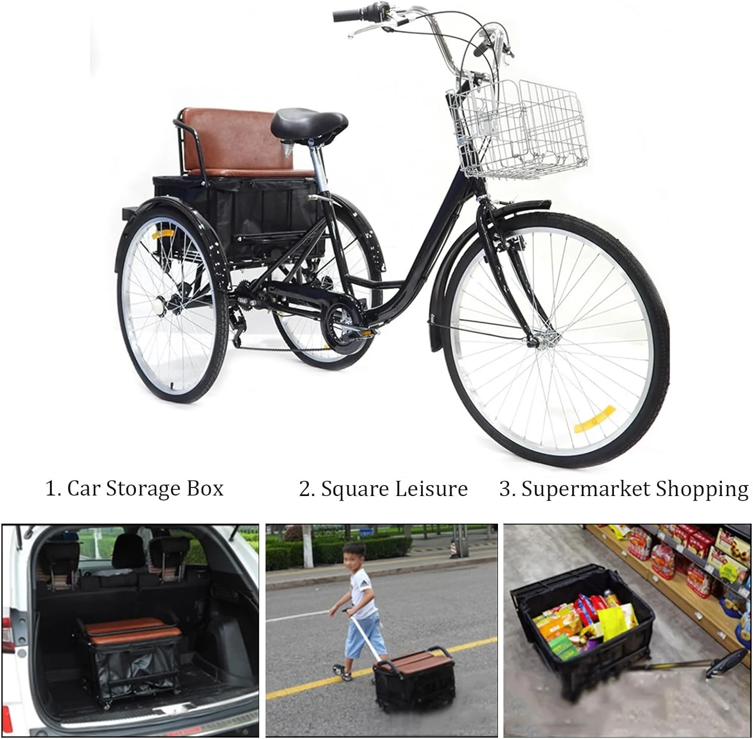 سه چرخه بزرگسال 24 اینچی 7 سرعته، دوچرخه 3 چرخ با صندلی راحت به همراه صندلی پشتی و سبد بار، دوچرخه تاندم والدین و کودک برای ورزش/خرید/سوارکاران/پیک نیک، حداکثر بار 130 کیلوگرم