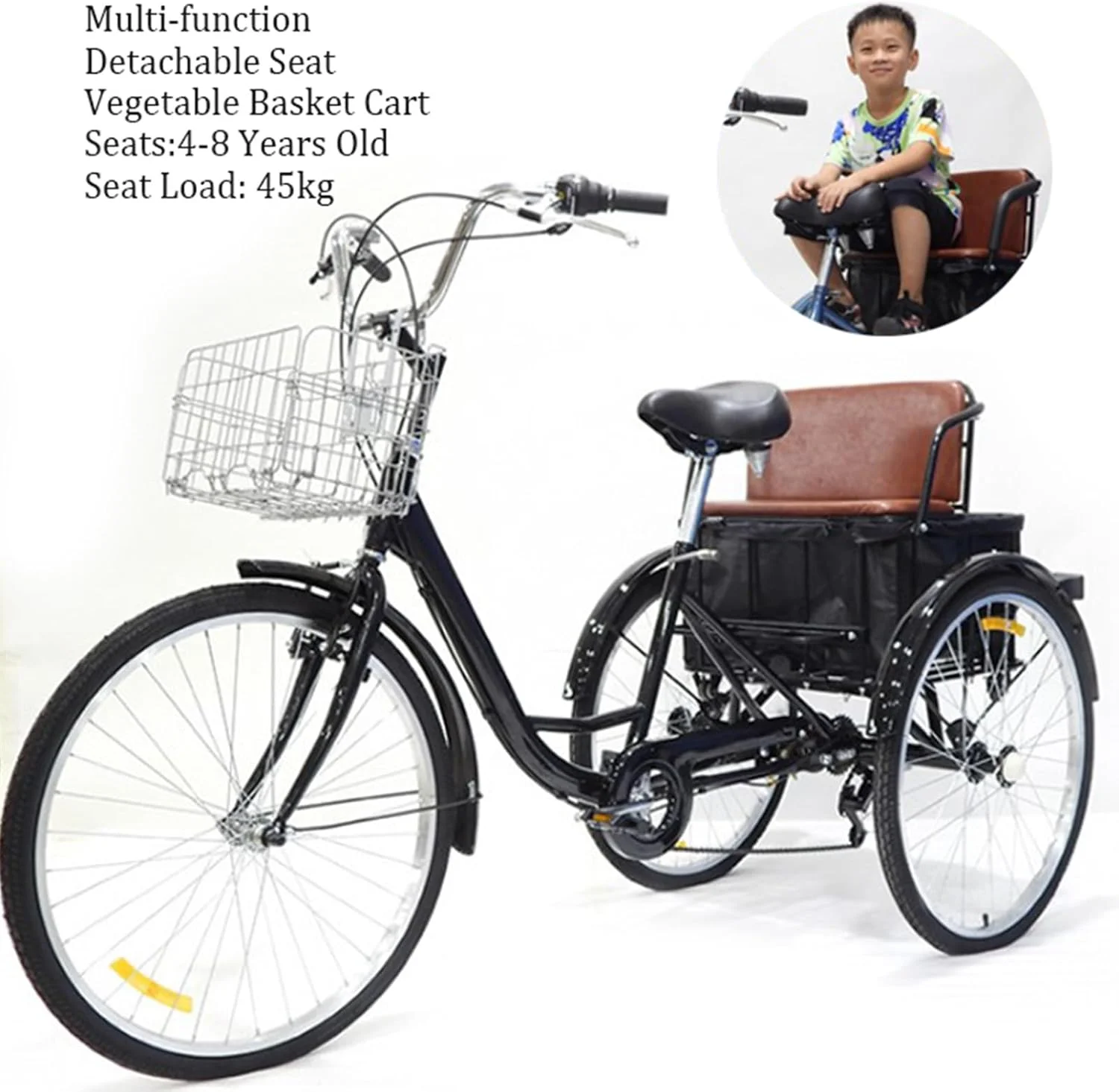سه چرخه بزرگسال 24 اینچی 7 سرعته، دوچرخه 3 چرخ با صندلی راحت به همراه صندلی پشتی و سبد بار، دوچرخه تاندم والدین و کودک برای ورزش/خرید/سوارکاران/پیک نیک، حداکثر بار 130 کیلوگرم