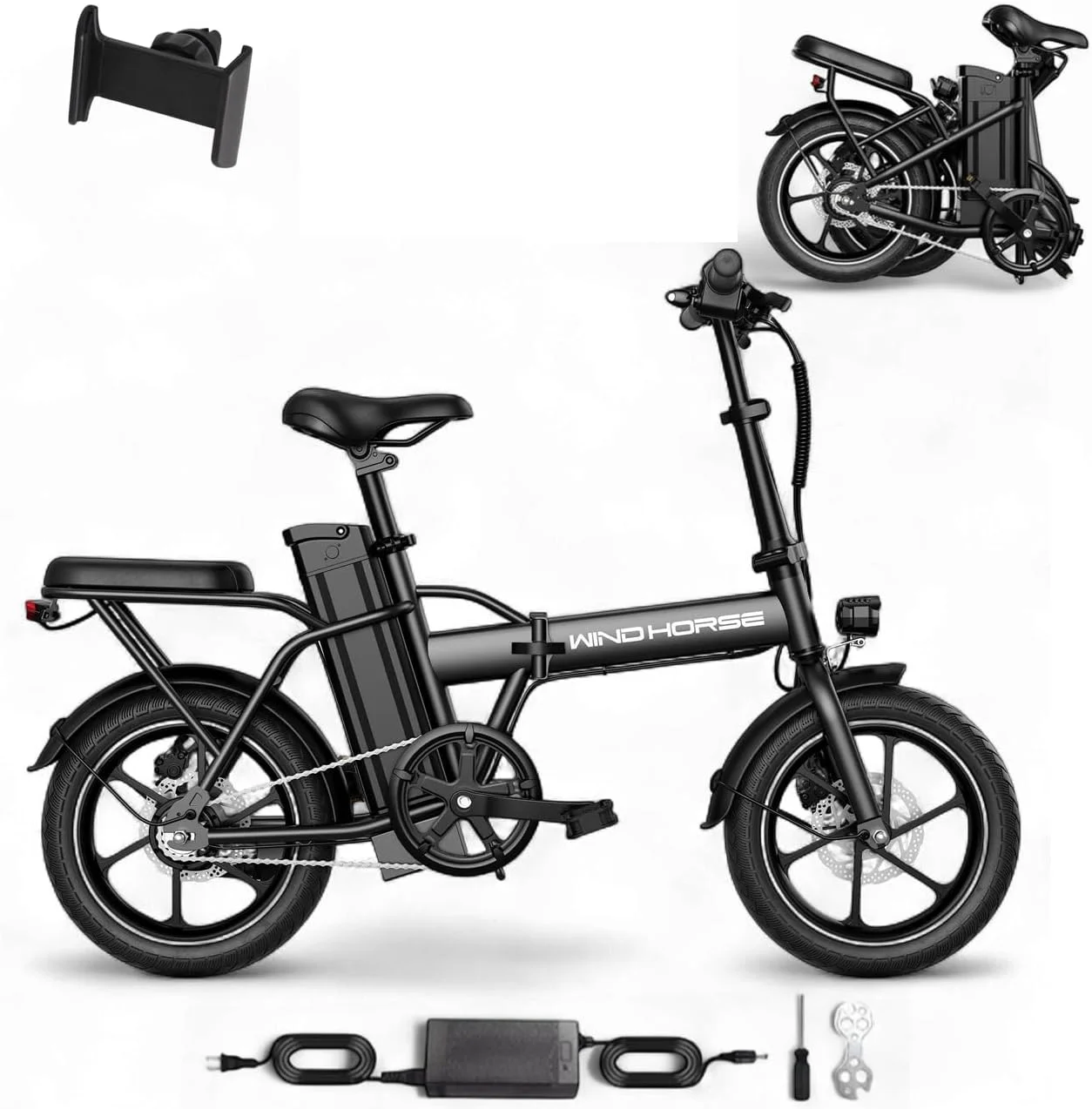 دوچرخه برقی تاشو W2A با موتور پرسرعت 350 وات، باتری 36 ولت 8 آمپر ساعت، سرعت 35 کیلومتر در ساعت، برد 30 کیلومتر، ترمزهای دیسکی دوبل، فریم آلیاژ کربن و لاستیک های 16 اینچی (مشکی)