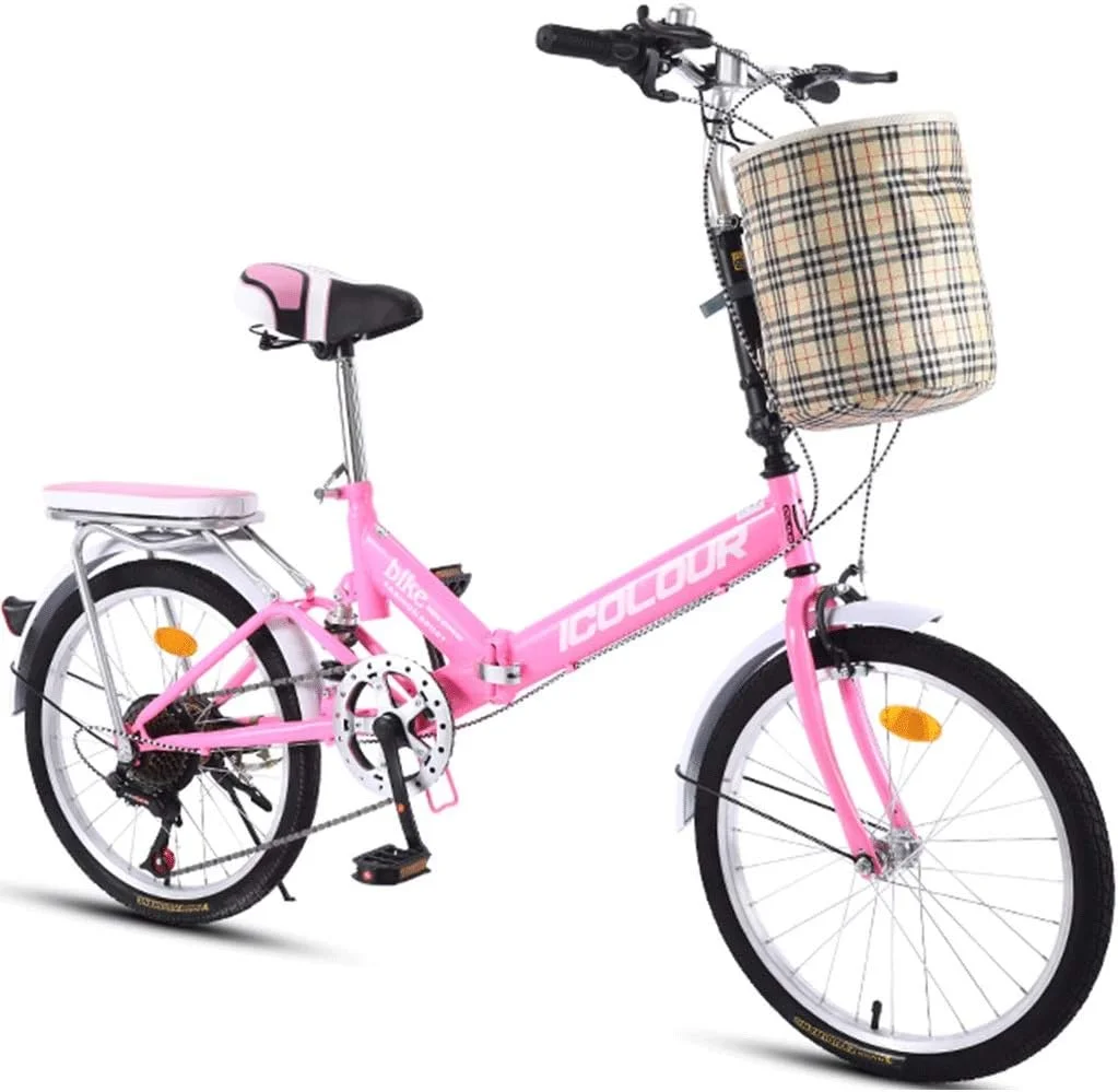 دوچرخه تاشو دنده ای مناسب آقایان و بانوان، دانشجویان، رفت و آمد شهری، دوچرخه ورزشی فضای باز با سبد (رنگ: صورتی)