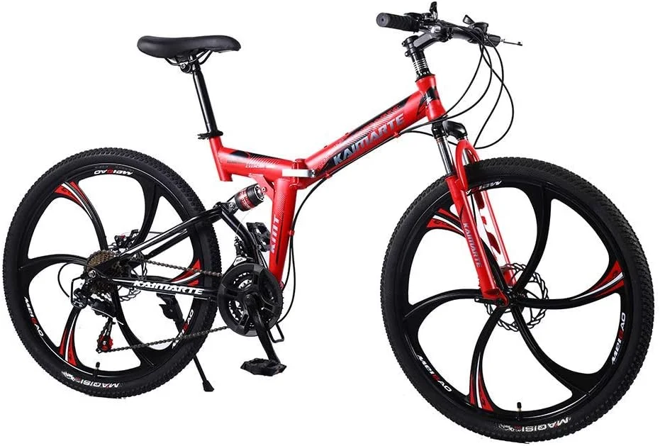 دوچرخه کوهستانی تاشو 24/26 اینچی با سیستم تعلیق دوگانه، چرخ های پره ای، 21/24/27 سرعته، مناسب بزرگسالان، مدل یونیسکس (رنگ: قرمز، سایز: 24 اینچ 21 سرعته)