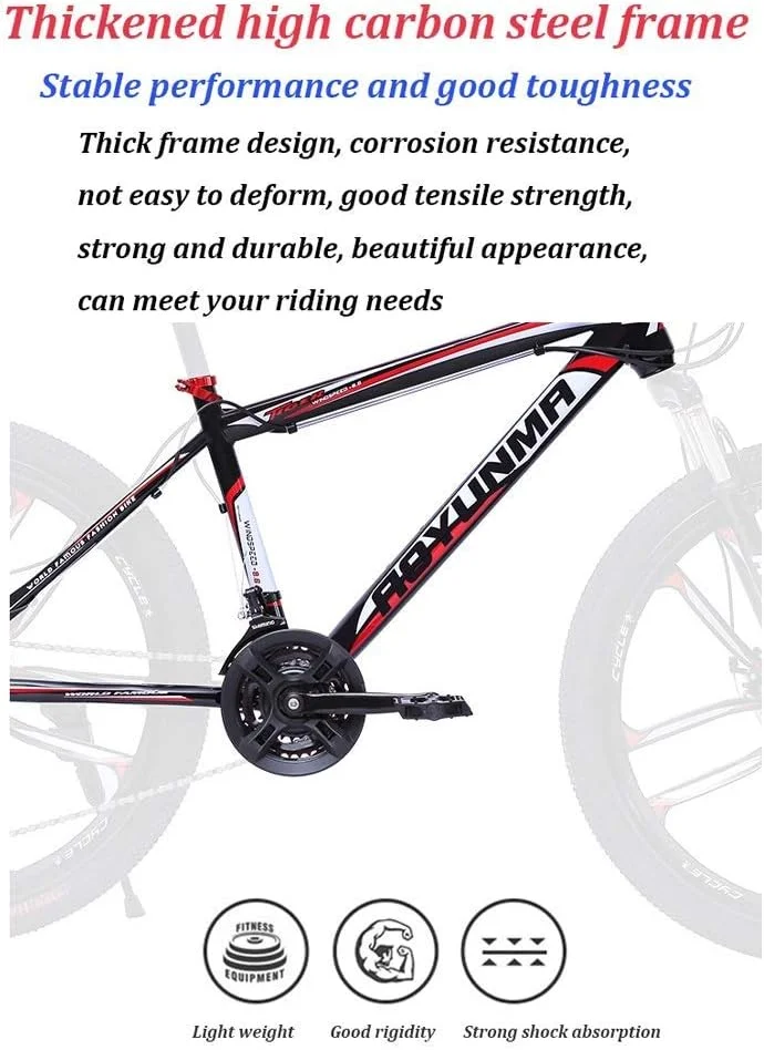دوچرخه کوهستان MTB با تیغه فولادی کربنی 24/26 اینچی، گیربکس 21 سرعته، سیستم تعلیق دوشاخ جلو، میرایی، مناسب برای سواری در فضای باز، مسابقات آفرود (سایز: L)