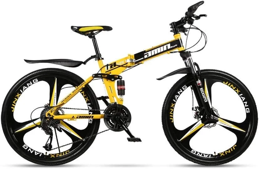 دوچرخه تاشو کوهستانی ساحلی 24 دنده 24 اینچی با دنده دوبل و کمک فنر برای رفت و آمد دانشجویان دختر و پسر با ترمز دیسکی دوبل (رنگ: زرد، سایز: 24 اینچ)