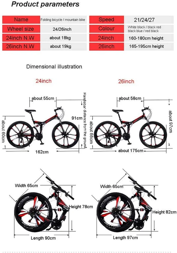 دوچرخه 24/26 اینچی با 21/24/27 دنده، دارای کمک فنرهای جلو و عقب، مناسب برای کوهستان، BMX و دانشجویان (رنگ: 24 اینچ، سایز: 24 دنده)